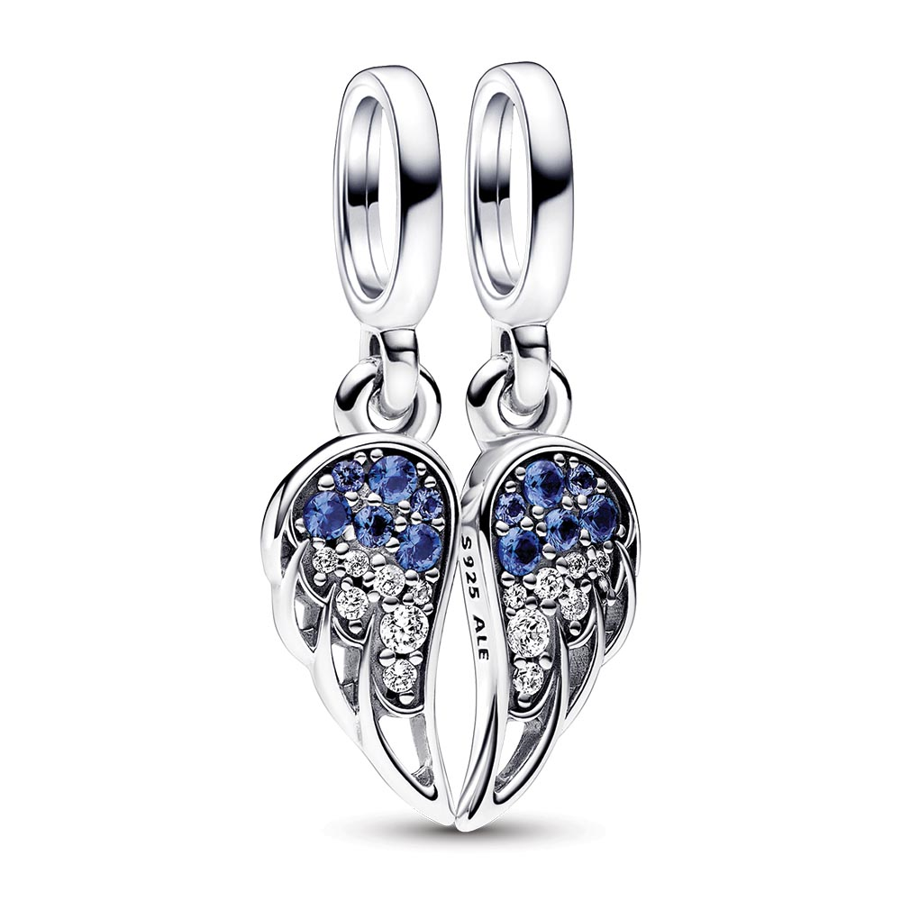 Angel wings sterling silver splittable dangle with stellar blue, skylight blue crystal and clear cubic zirconia