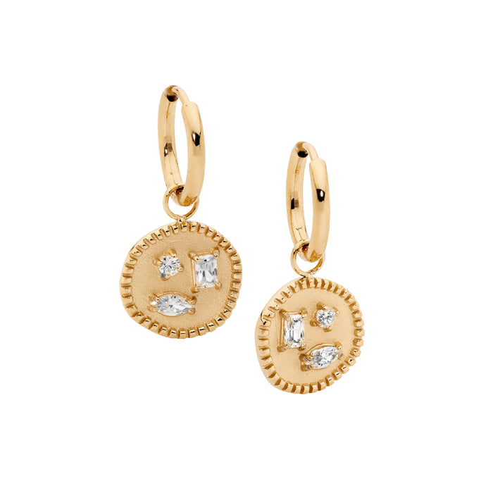 Ellani White Crystals Disk Hoop Earrings