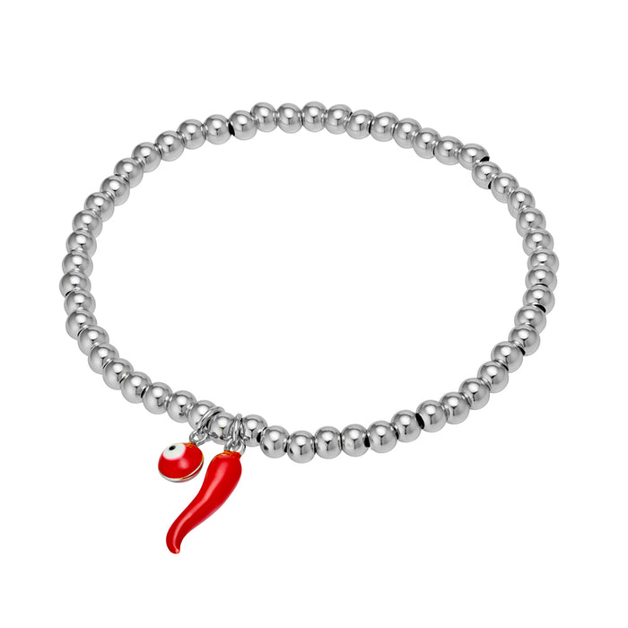 Sterling Silver Ball Bracelet with Red Cornicello And Evil Eye Charms