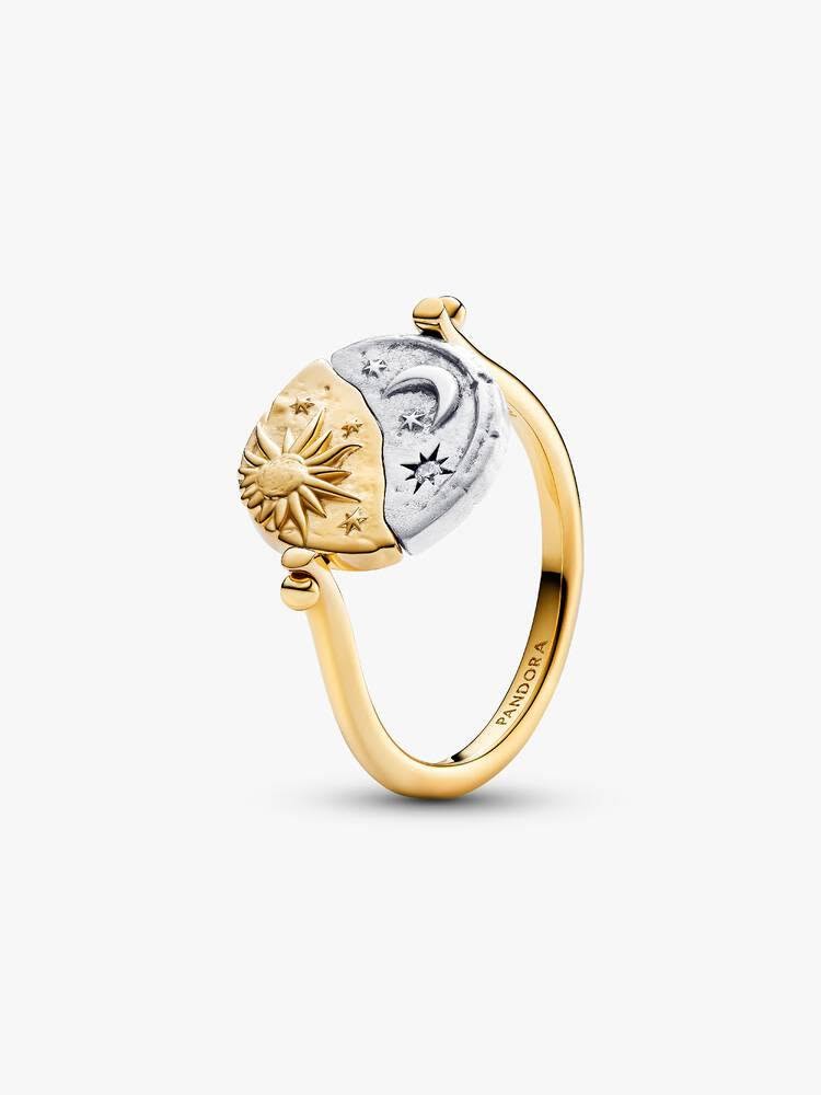 Sun and moon sterling silver and 14k gold-plated spinnable ring with clear cubic zirconia