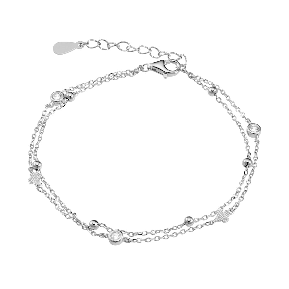 Double Chain Bracelet with CZ, Ball and Cross Detail