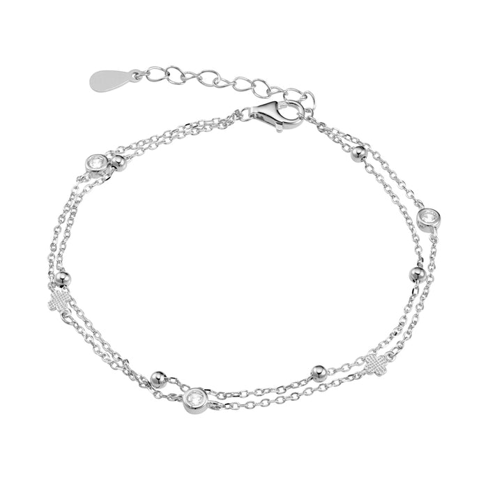 Double Chain Bracelet with CZ, Ball and Cross Detail