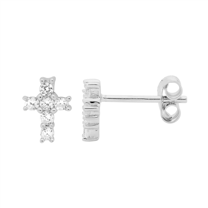 Ellani Sterling Silver Cross Stud Earrings