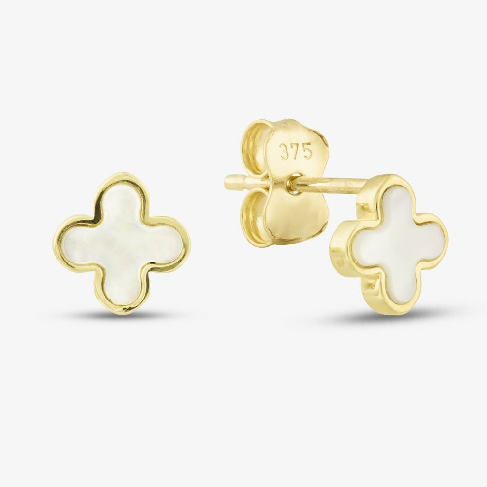 Mother Of Pearl Clover Stud Earrings In 9K Yellow Gold