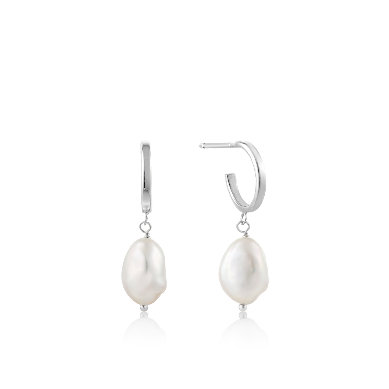 Ania Haie Silver Pearl Mini Hoop Earrings. Rhodium Plated On Sterling Silver With Baroque Pearl. Design: E019-02H