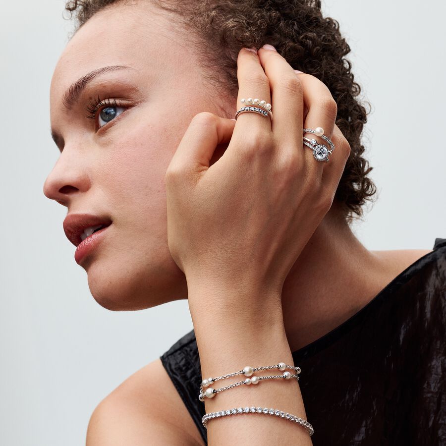 Pandora Treated Freshwater Cultured Pearl & Pavé Double Band Ring