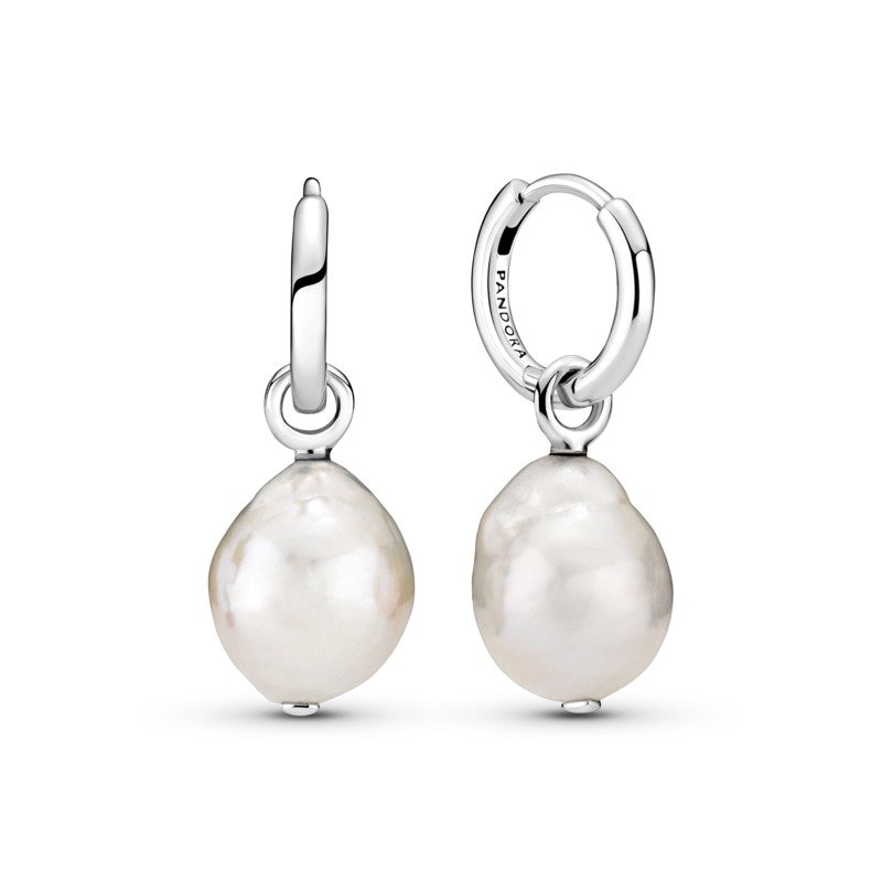 Pandora Sterling silver hoop earrings with baroque white freshwater cultured pearl