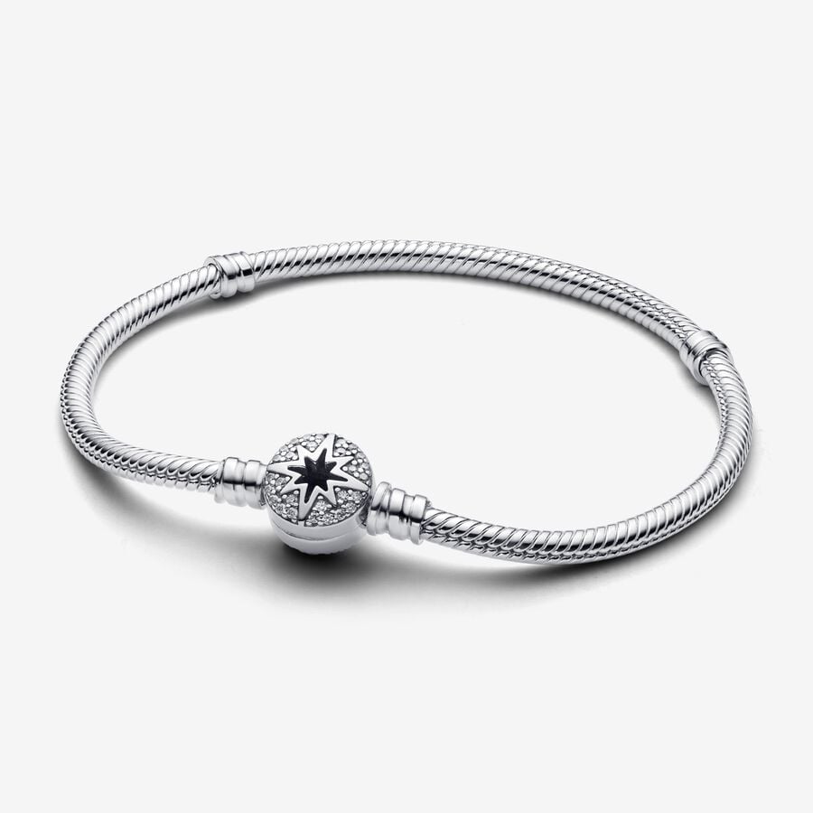 Snake chain sterling silver bracelet with north star clasp and clear cubic zirconia