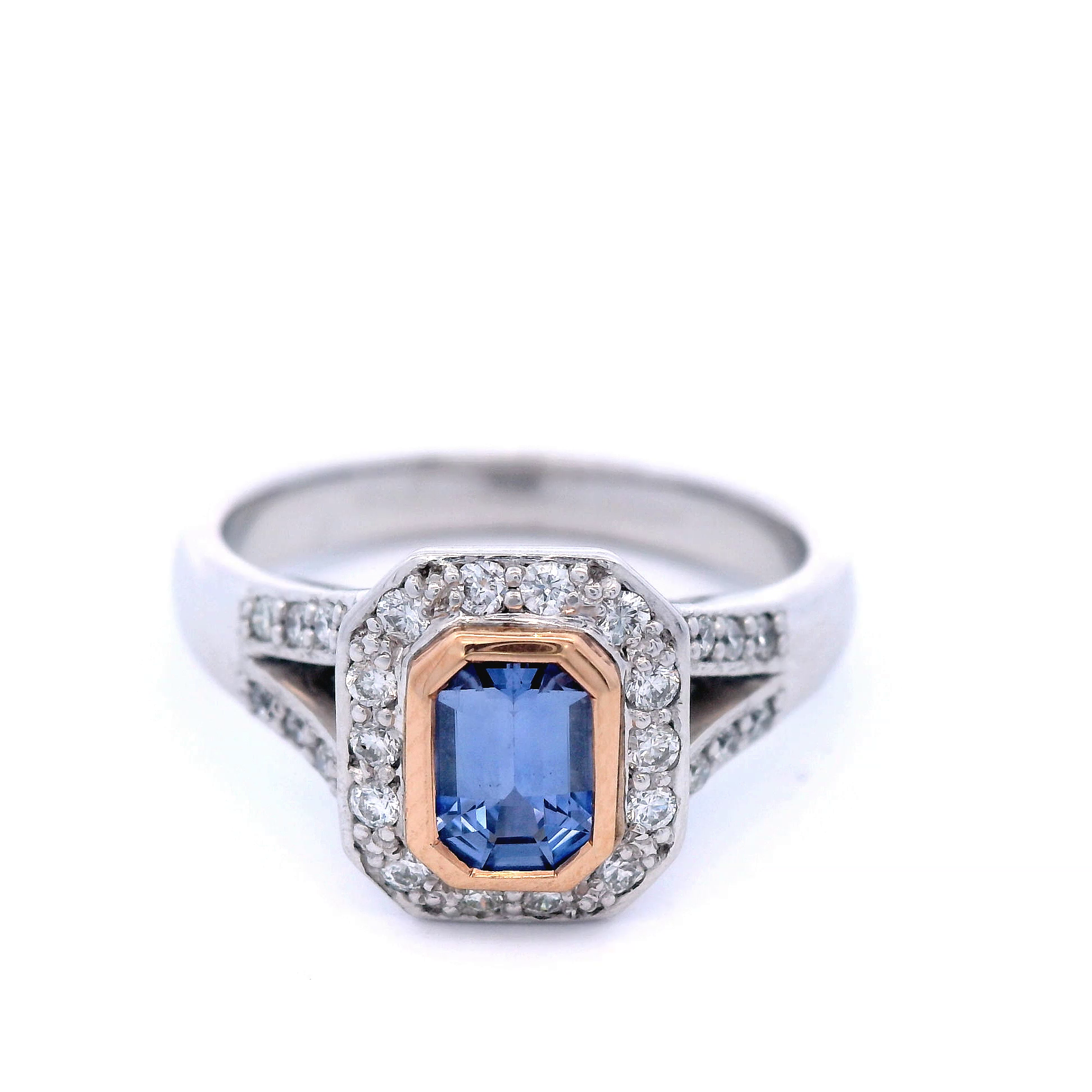 Ceylon Sapphire and Diamond Split Shank Dress Ring in White Gold