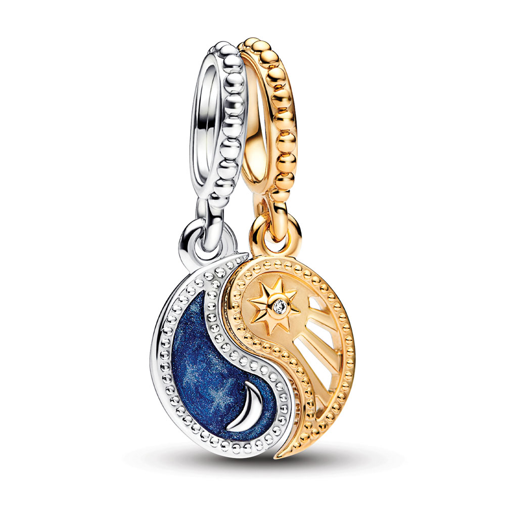 Yin and Yang sterling silver and 14k gold-plated splittable dangle with clear cubic zirconia and glittering shaded blue enamel