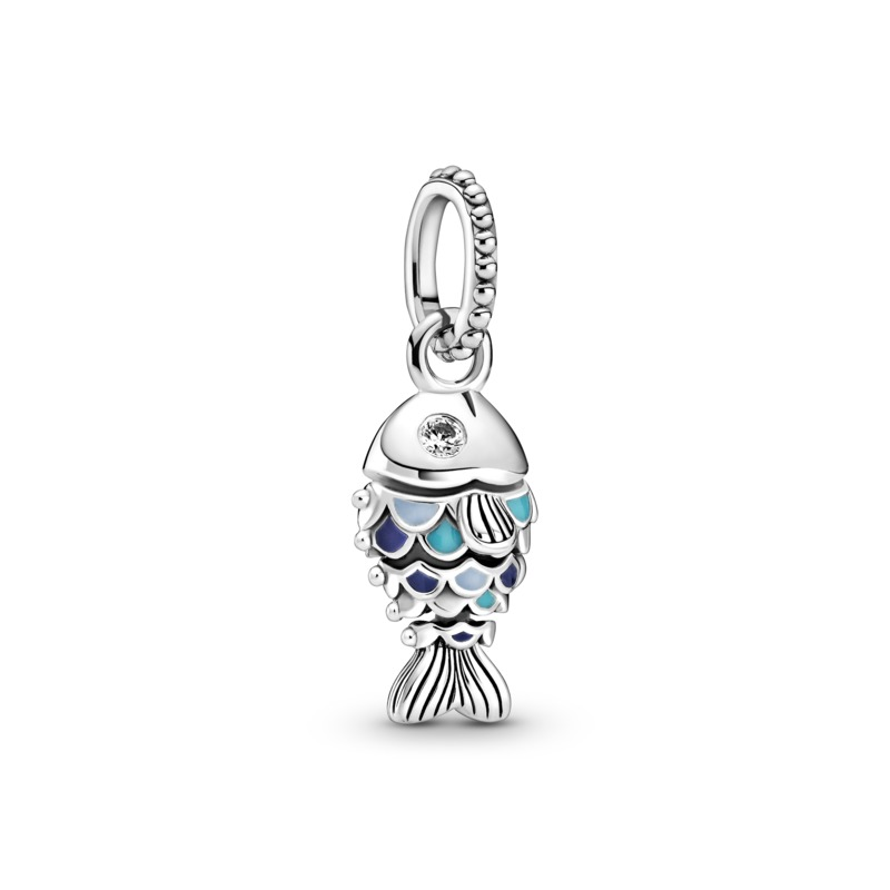 Blue Scaled Fish Silver Hanging Charm w Blue Enamel Scales