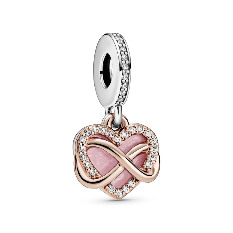 Sparkling Infinity Heart Hanging Charm w Pink Enamel & CZ