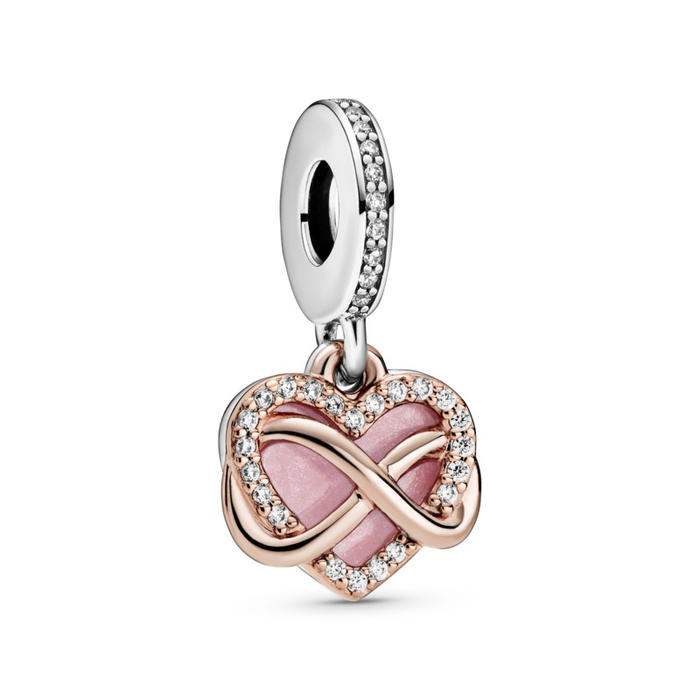 Sparkling Infinity Heart Hanging Charm w Pink Enamel & CZ