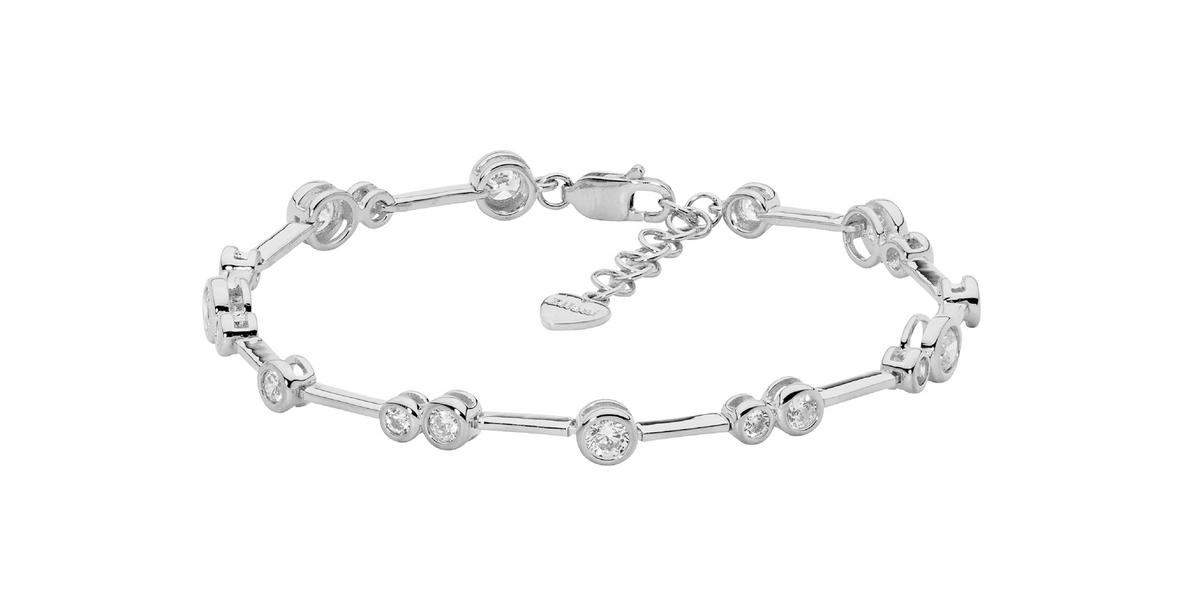 SS bezel set wh cz bar bracelet w/ext chain