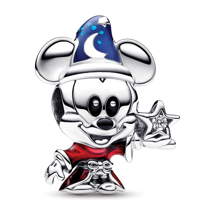 Disney Mickey Mouse sterling silver charm with clear cubic zirconia, red, blue and black enamel
