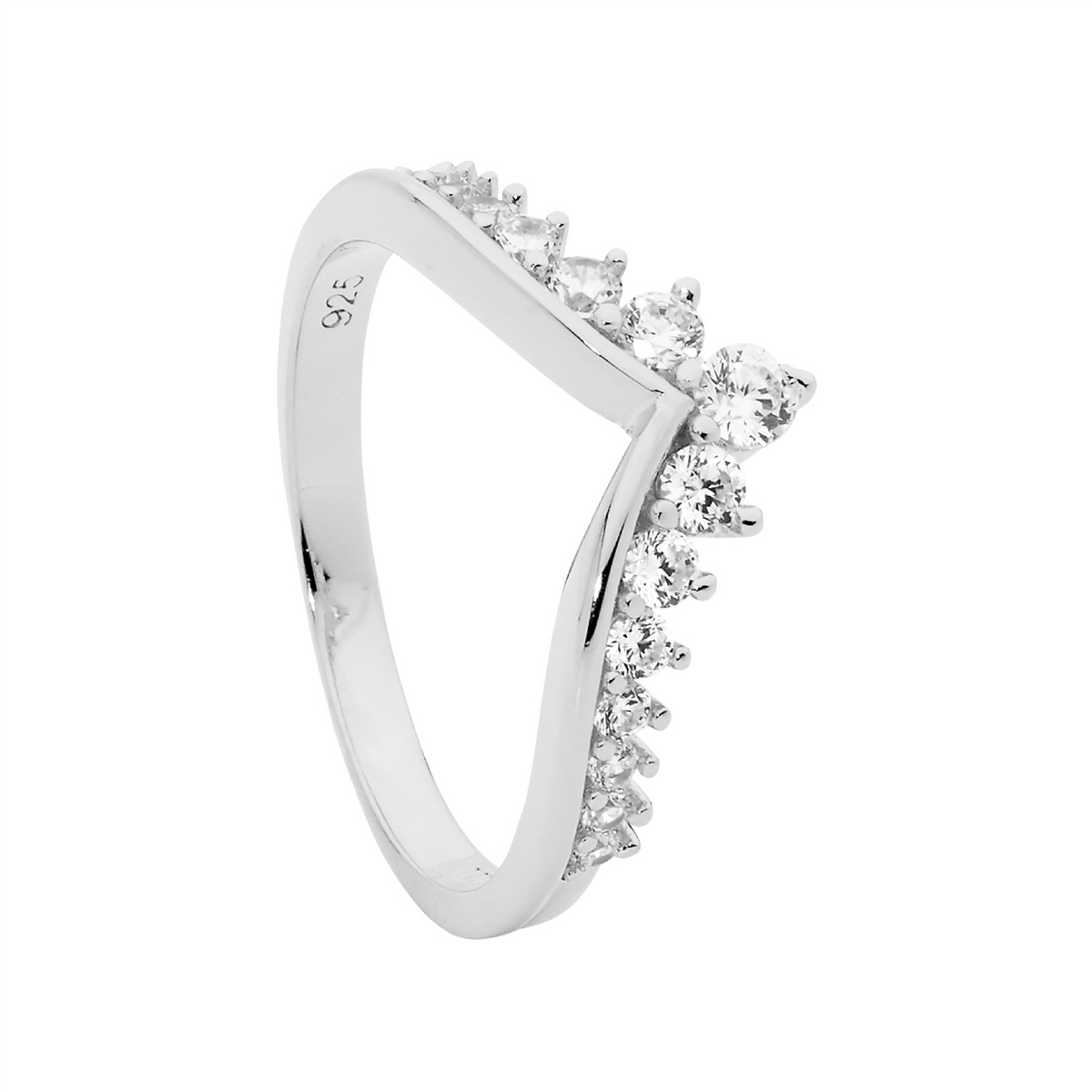 Ellani SS Plain V Ring W/ Gradual Wh CZ