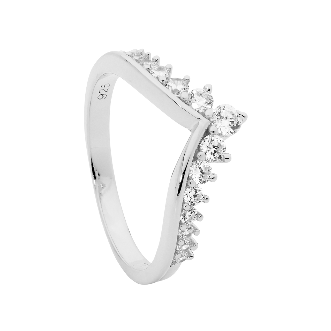 Ellani SS Plain V Ring W/ Gradual Wh CZ