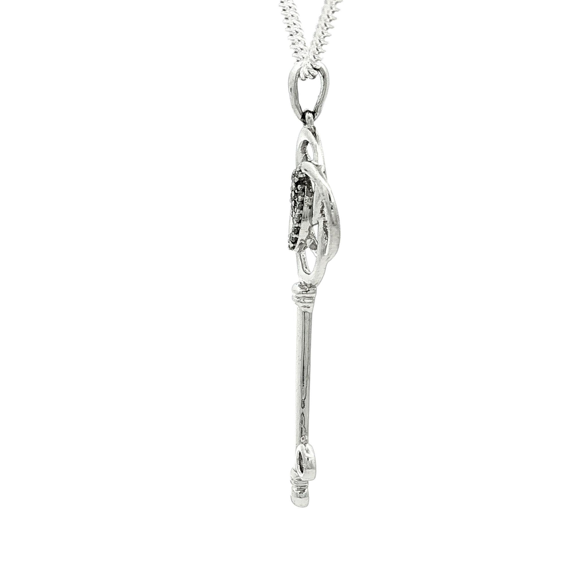 White Gold Plated Silver Key Pendant Necklace with Round Cut Diamonds