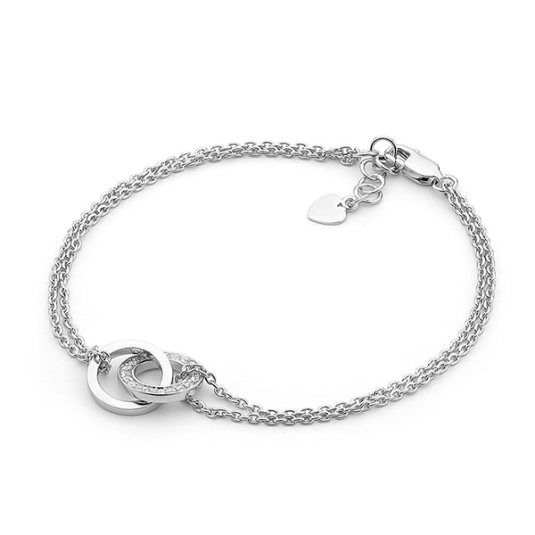 Ellani Sterling Silver Double Chain Bracelet with Linked Circles