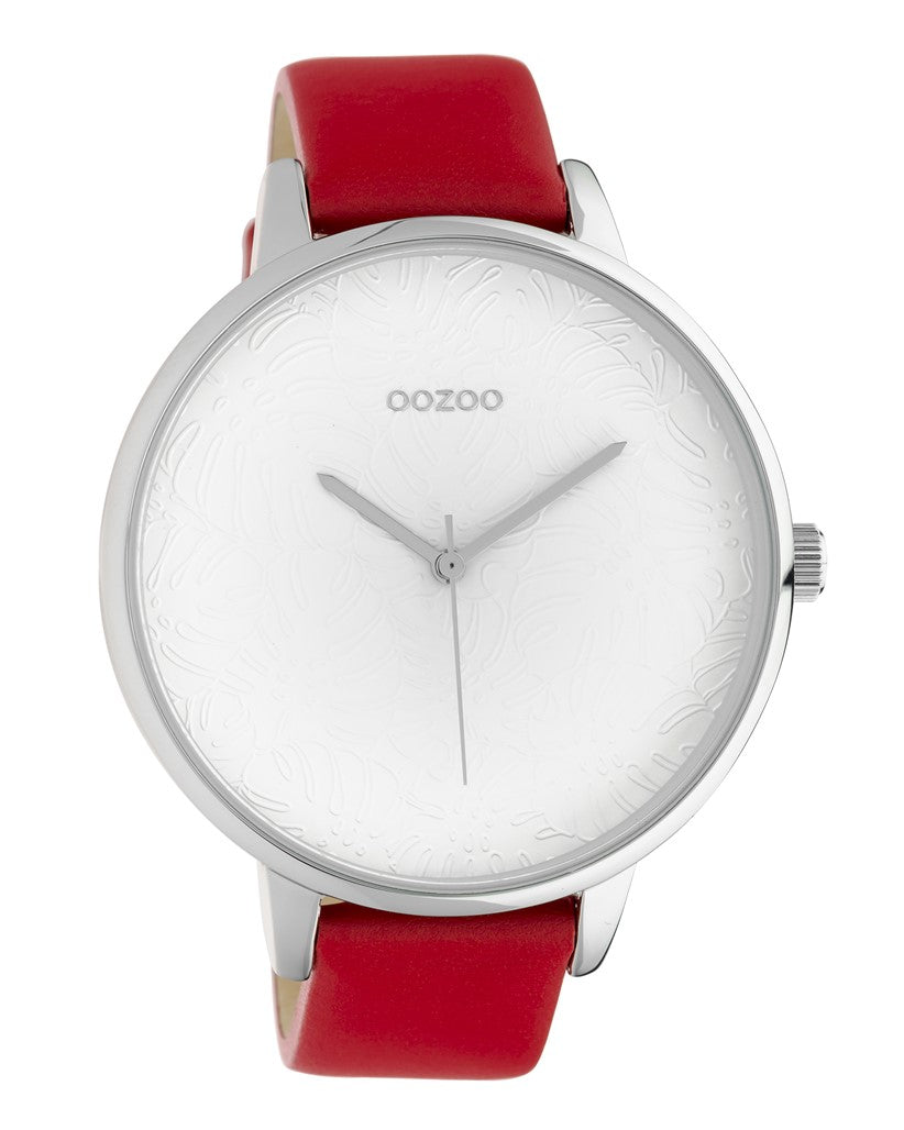 OOZOO Ladies Silver with Red Leather Strap Watch