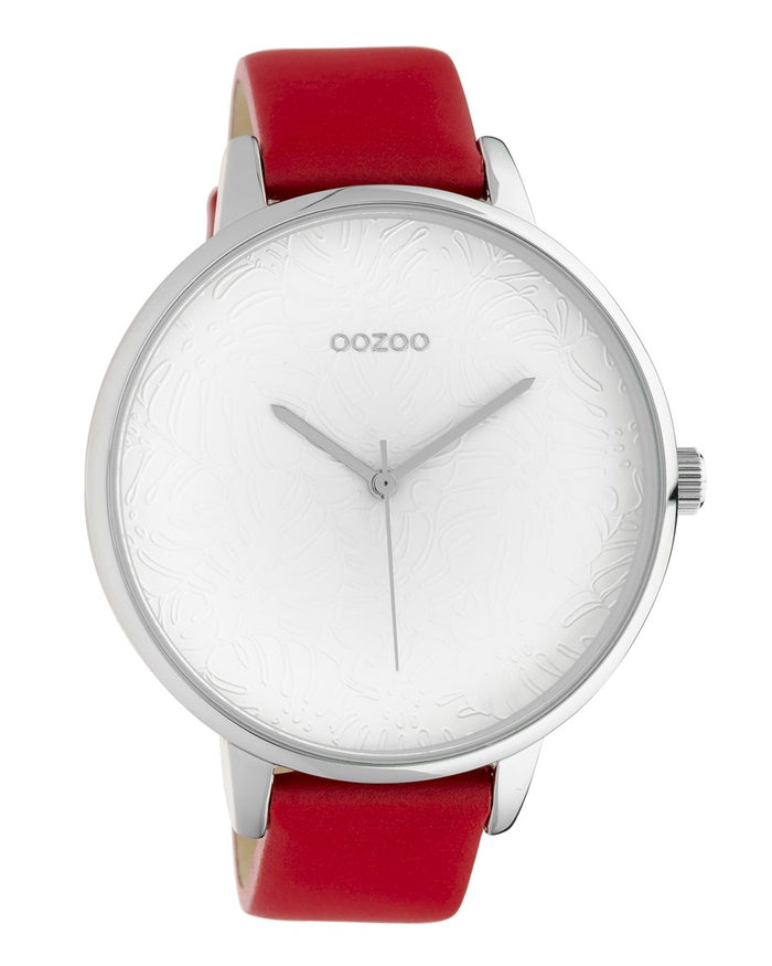 OOZOO Ladies Silver with Red Leather Strap Watch