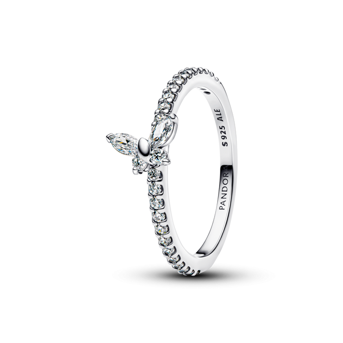 Butterfly sterling silver ring with clear cubic zirconia