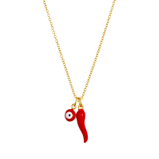 Sterling Silver Necklace with Red Cornicello and Evil Eye Pendants