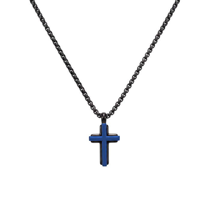 Blaze Black Box Chain Necklace with Black and Blue Cross Pendant