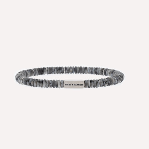 Two Tone - Matt Spectrolite -6mm Stone and Silver Disc Stretch Bracelet