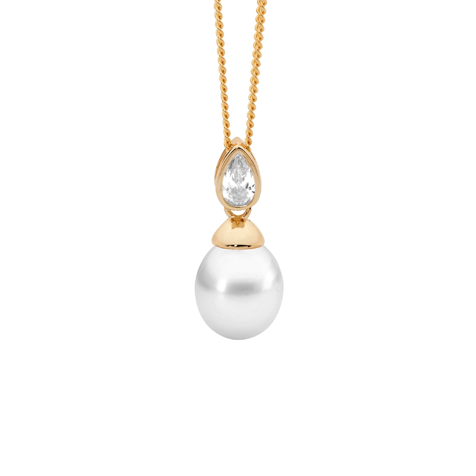 Ellani Freshwater Pearl Pendant with Pear CZ Pendant Necklace