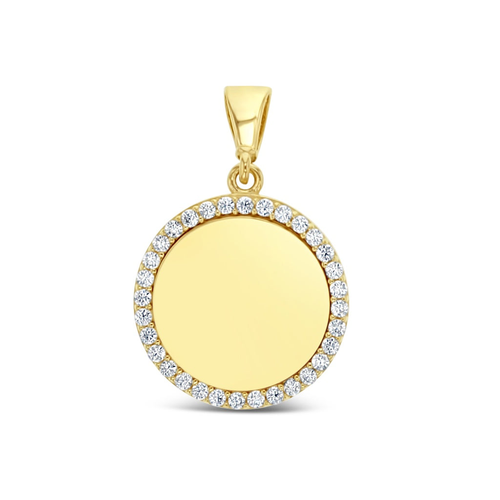 9ct YG Closed 13.6mm Plain Circle with CZ Border Pendant