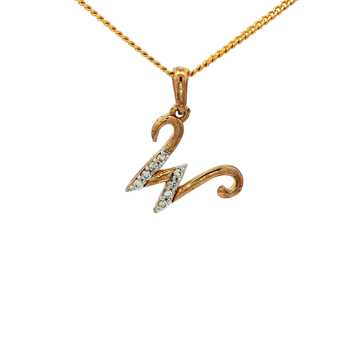 Yellow Gold Charm Necklace with Round Cut Diamond 'W' Pendant