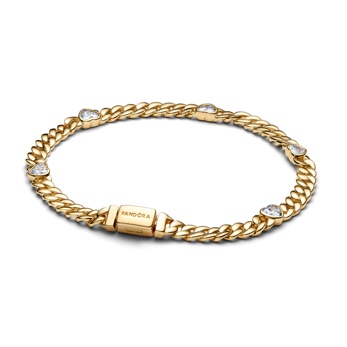 Heart cuban chain 14k gold-plated bracelet with clear cubic zirconia