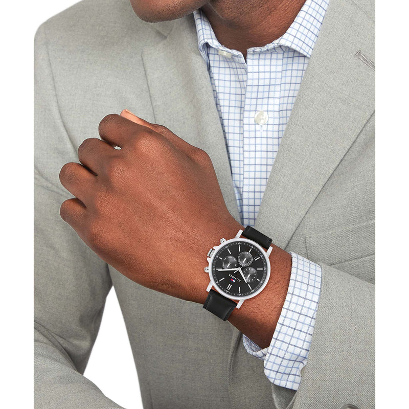 Tommy Hilfiger Black Leather Dark Grey Dial Multi-function Men's Watch