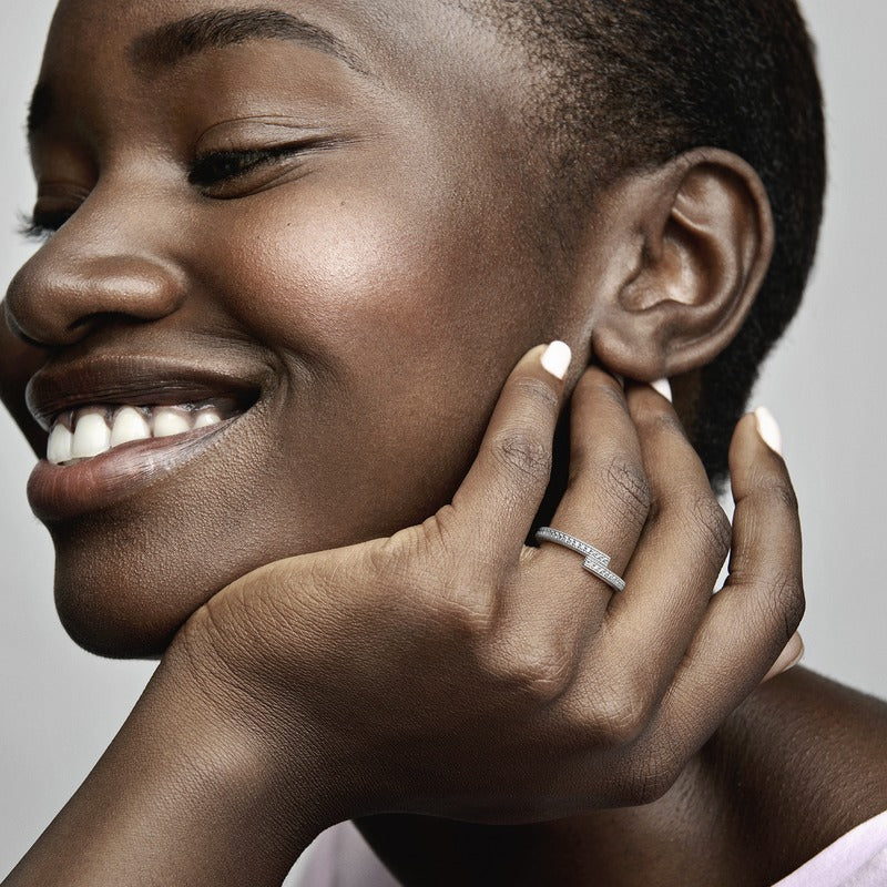 Pandora Rose Logo Stackable Cross-Over Ring w Pave