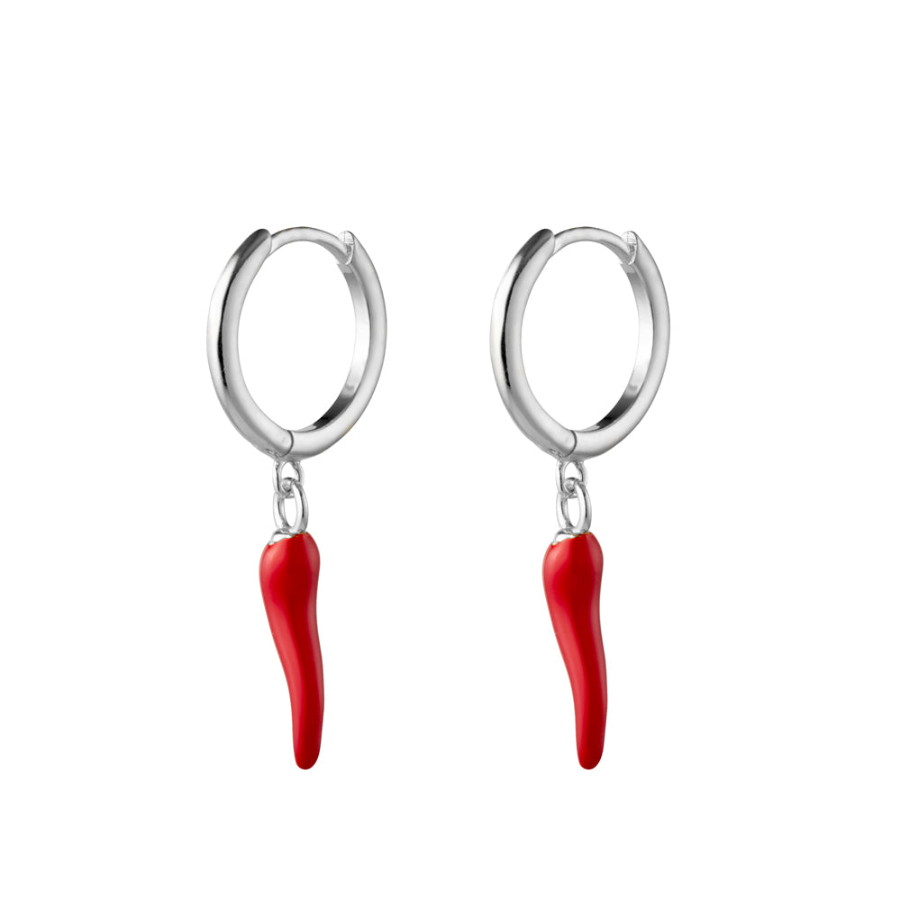 Sterling Silver Plain Huggie Earrings with Red Cornicello Charm