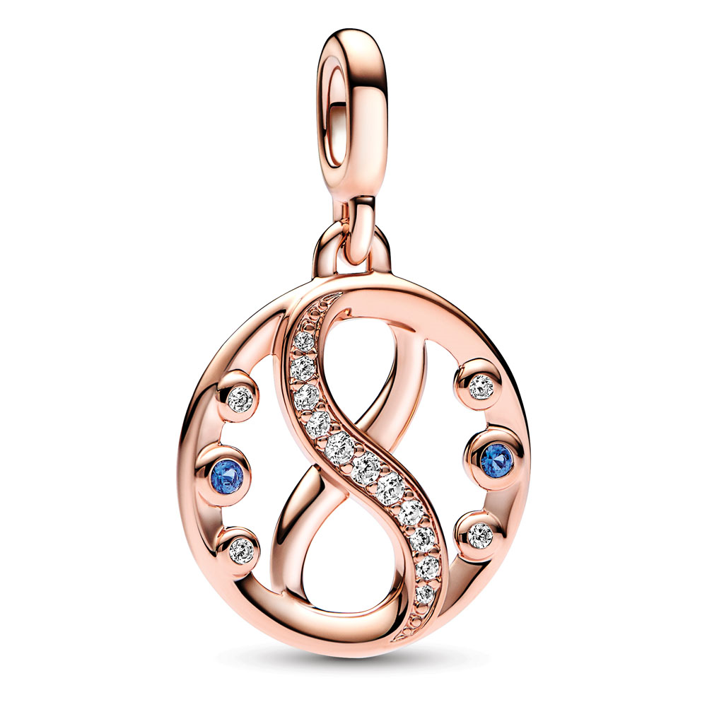Infinity 14k rose gold-plated medallion with clear cubic zirconia and stellar blue crystal