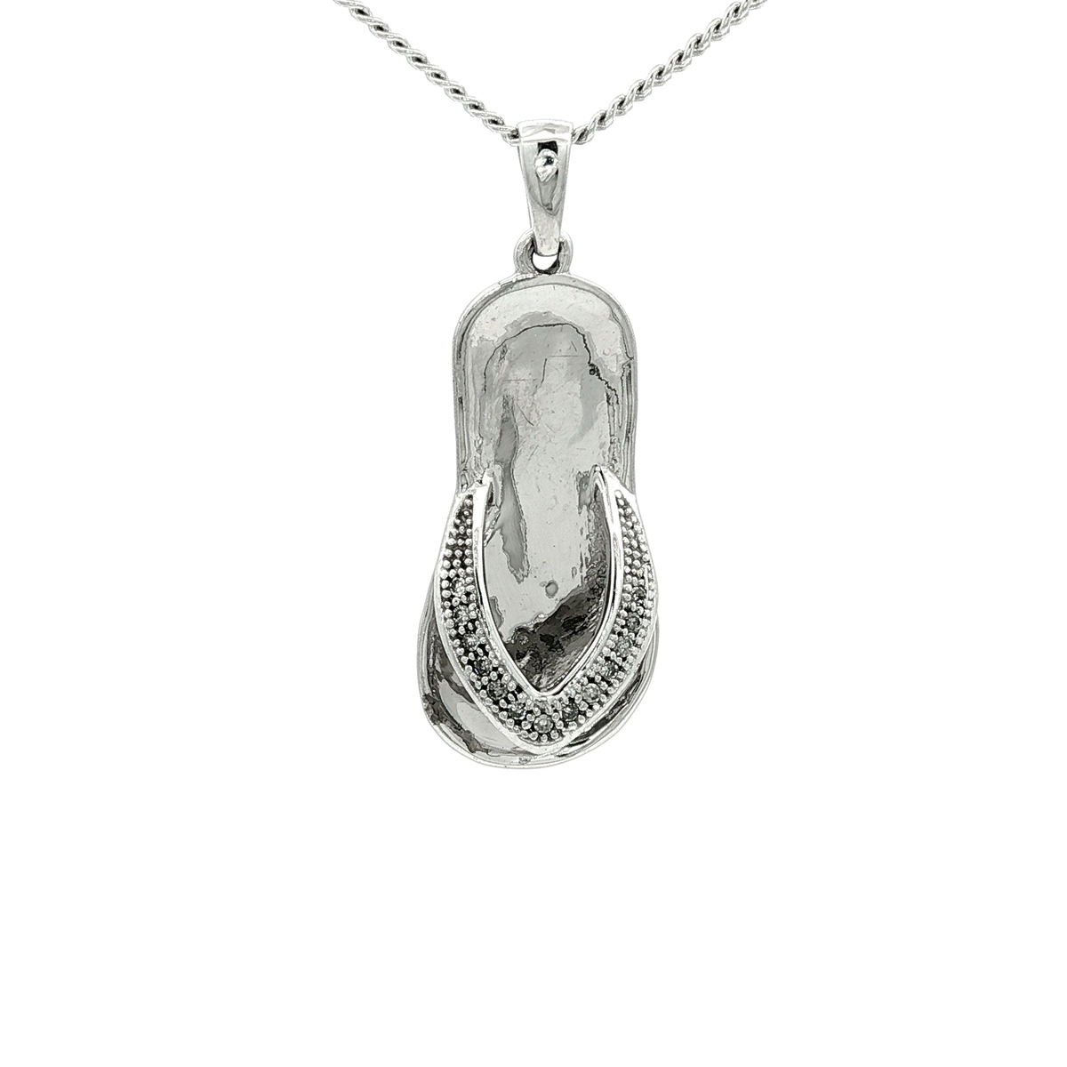 White Gold Over Silver Diamond Flip Flop Charm Necklace
