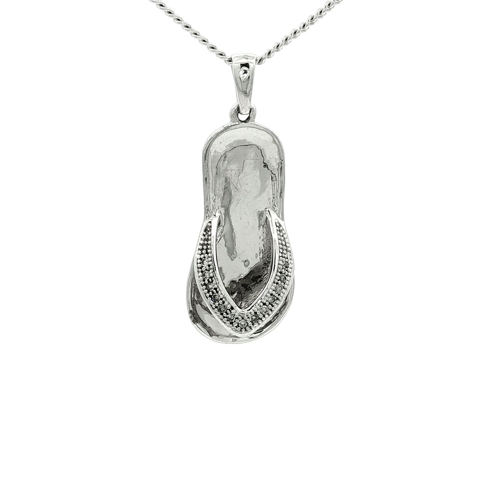 White Gold Over Silver Diamond Flip Flop Charm Necklace