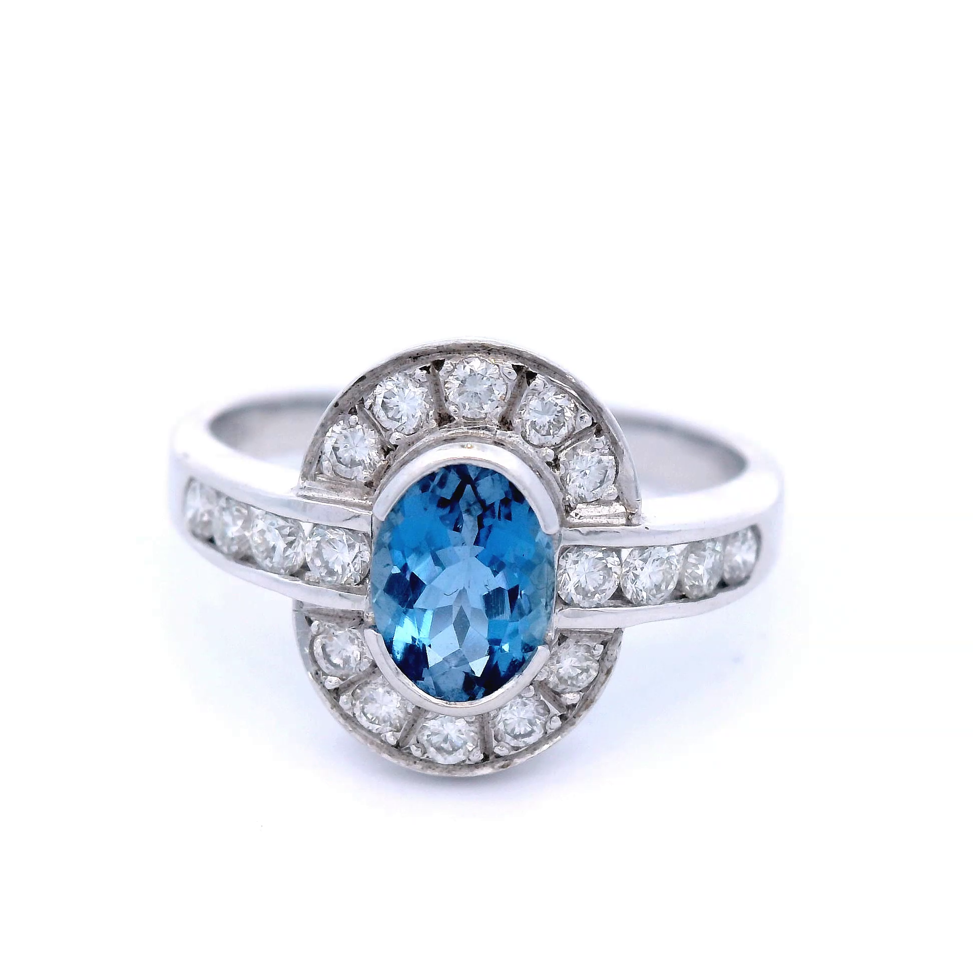 Aquamarine and Diamond Halo Dress Ring in White Gold