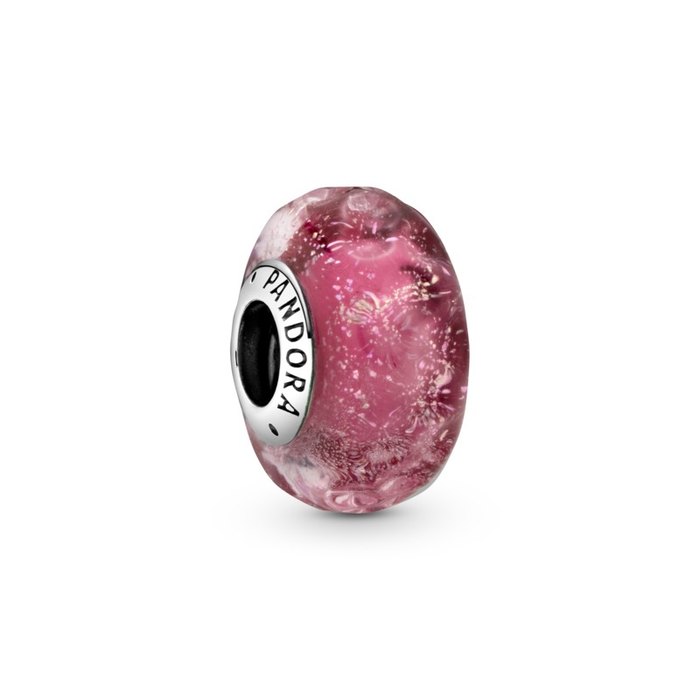 Wavy Pink Murano Silver Charm w Pink Murano Glass