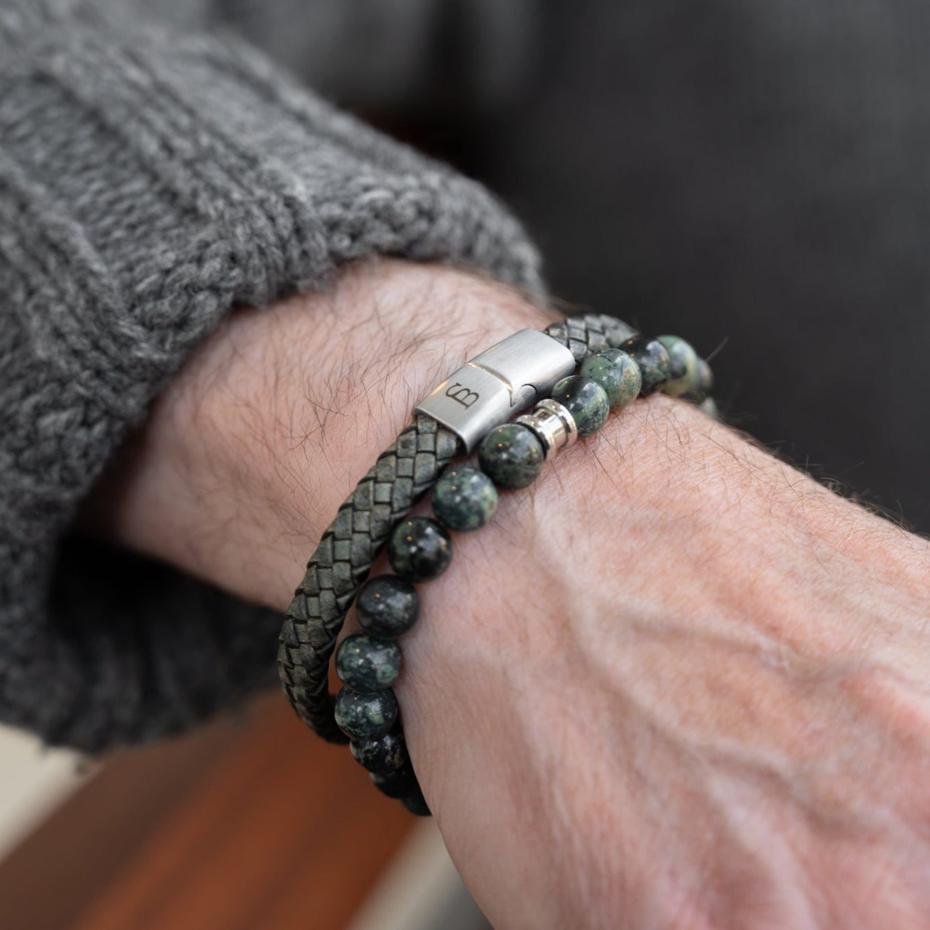 Riley - Dark Green -8mm Leather Box Braided Bracelet