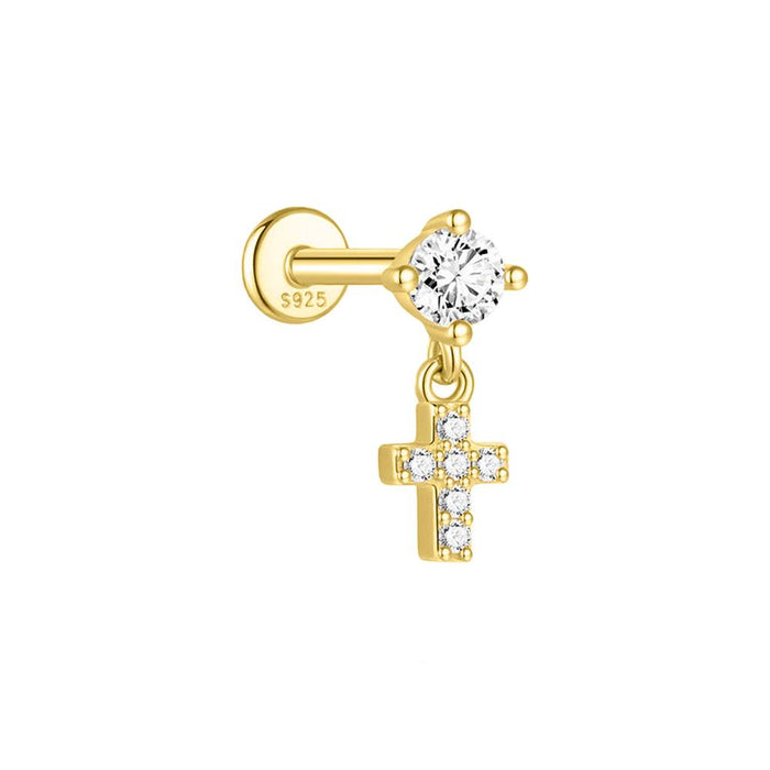 Sterling Silver CZ & Cross Single Flatback Earring
