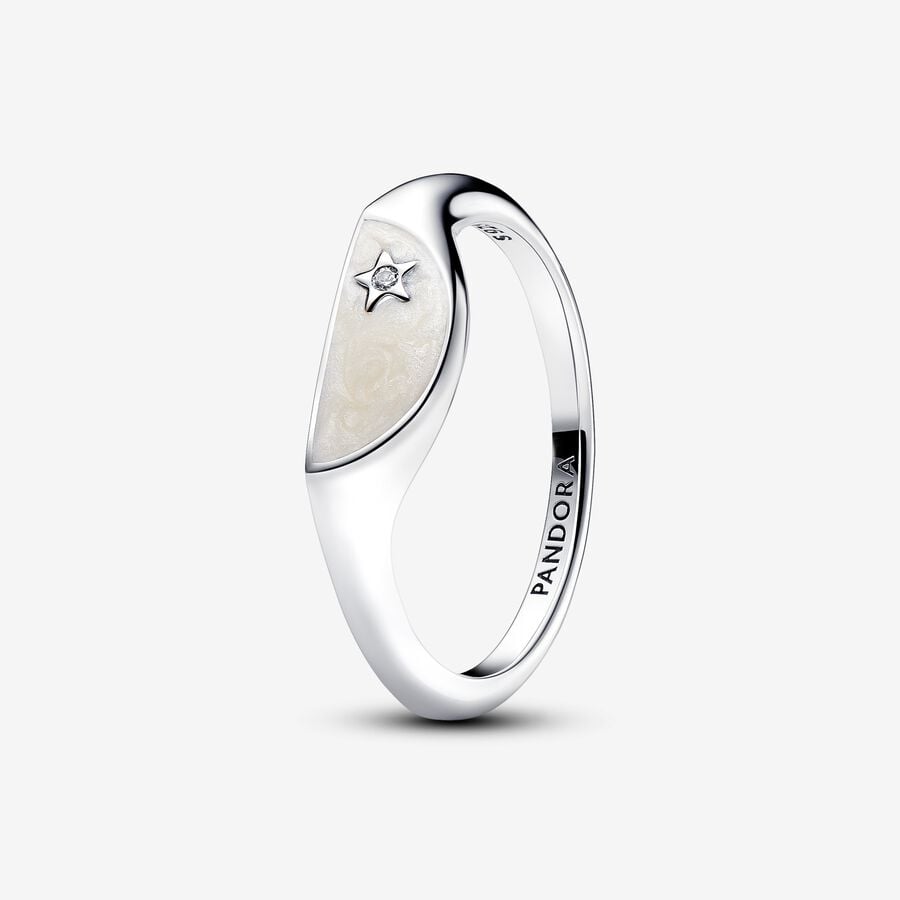 Halved signet sterling silver ring with clear cubic zirconia and shimmering white enamel