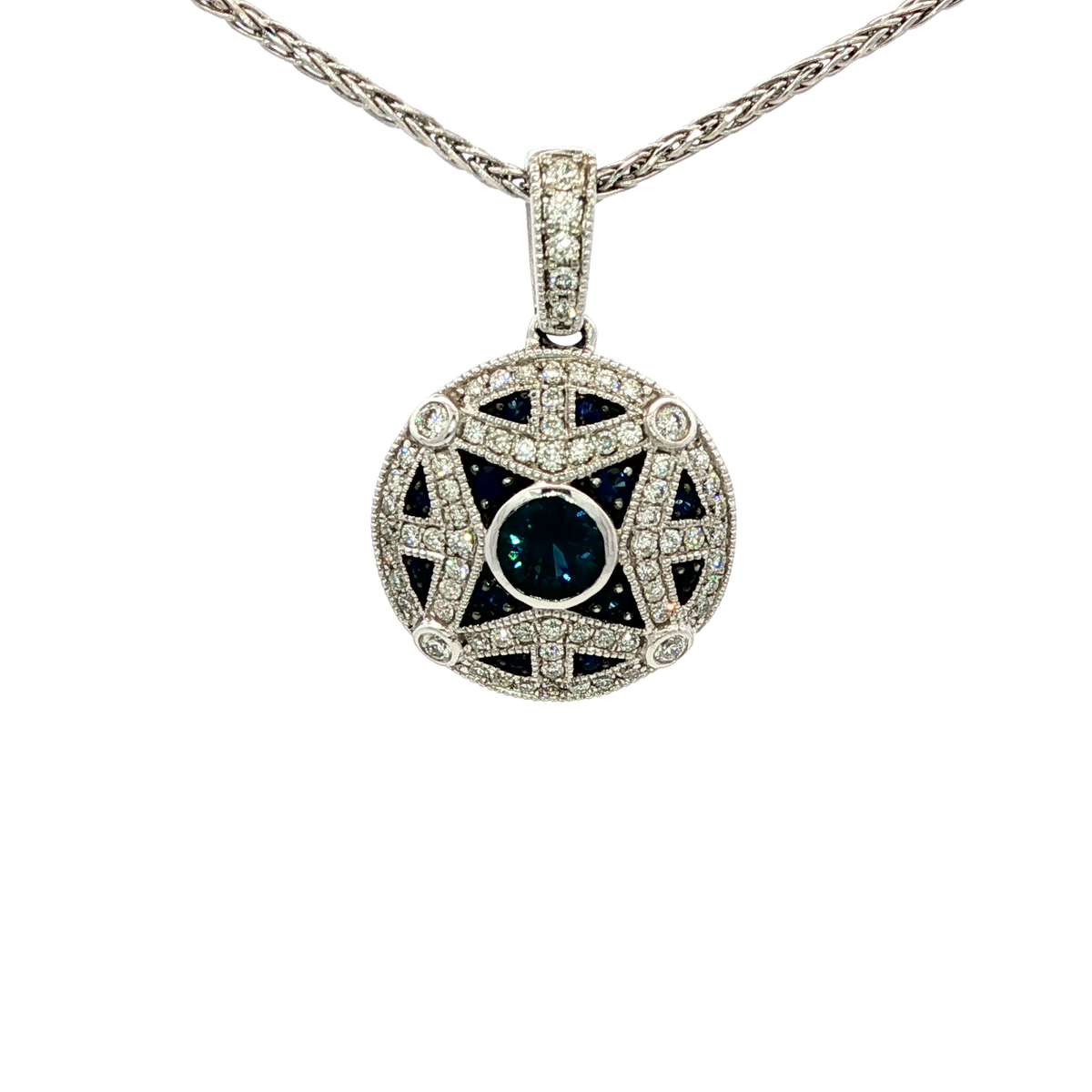 Blue Sapphire &amp; Diamond Art Deco Pendant in White Gold
