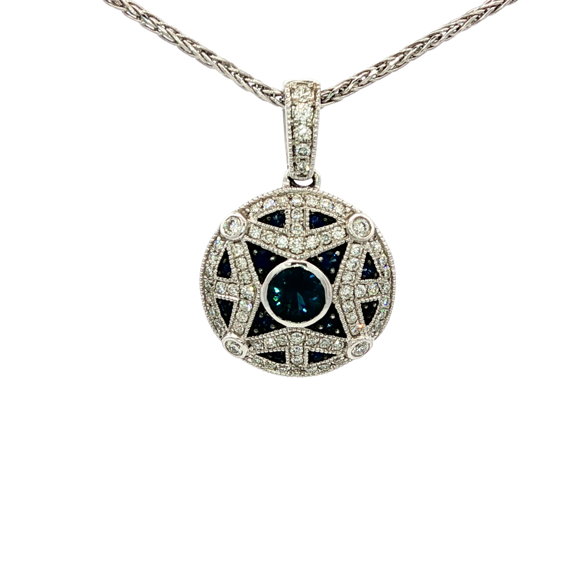 Blue Sapphire & Diamond Art Deco Pendant in White Gold
