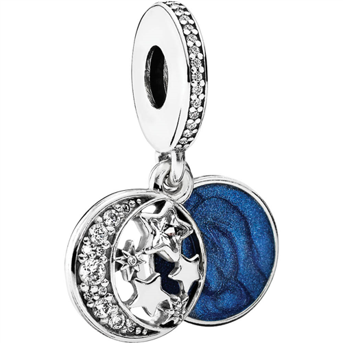 Vintage Night Sky Silver Hanging Charm w Midnight Blue Enamel &amp; Clear CZ