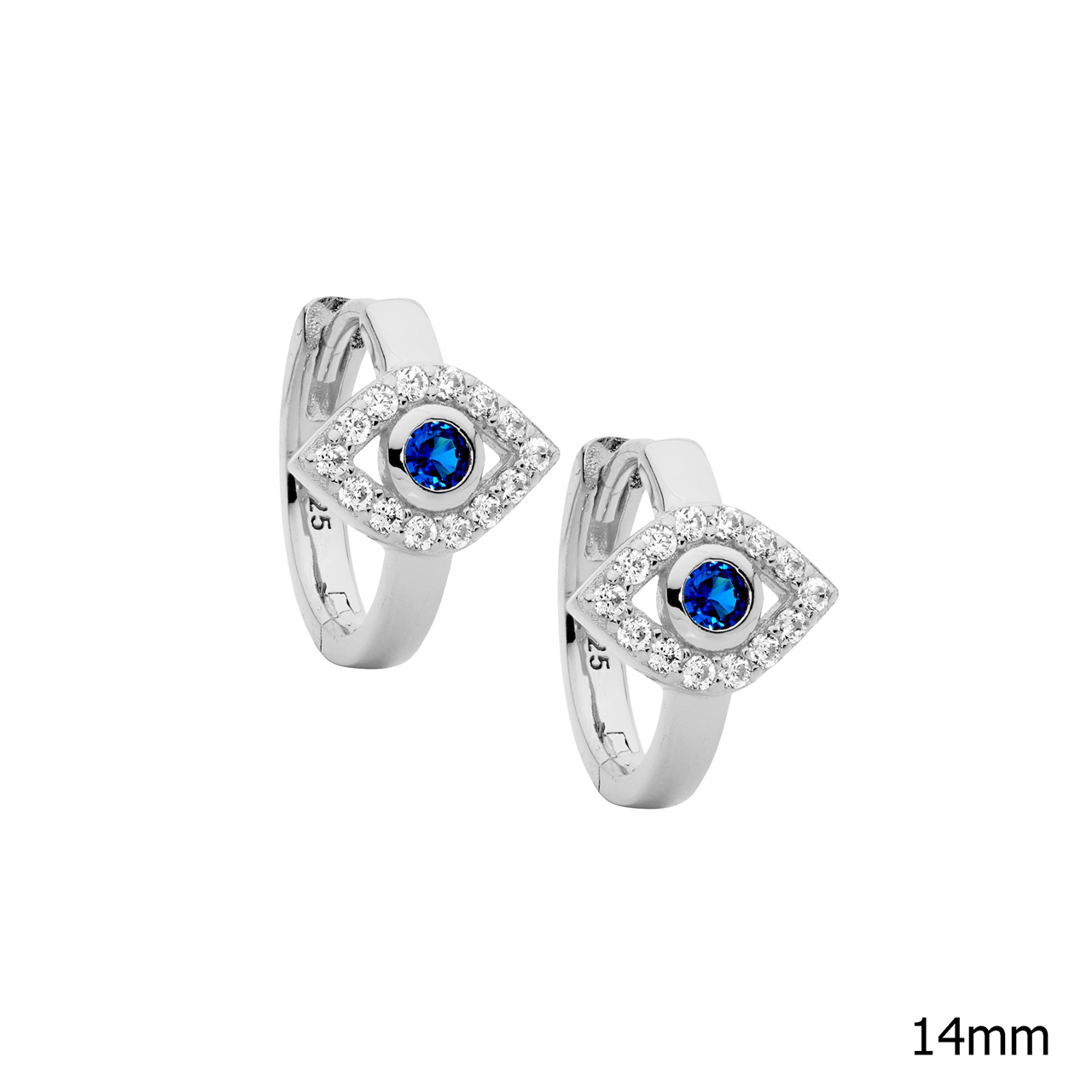 Ellani SS WH & blue CZ evil eye 14mm hoop earrings