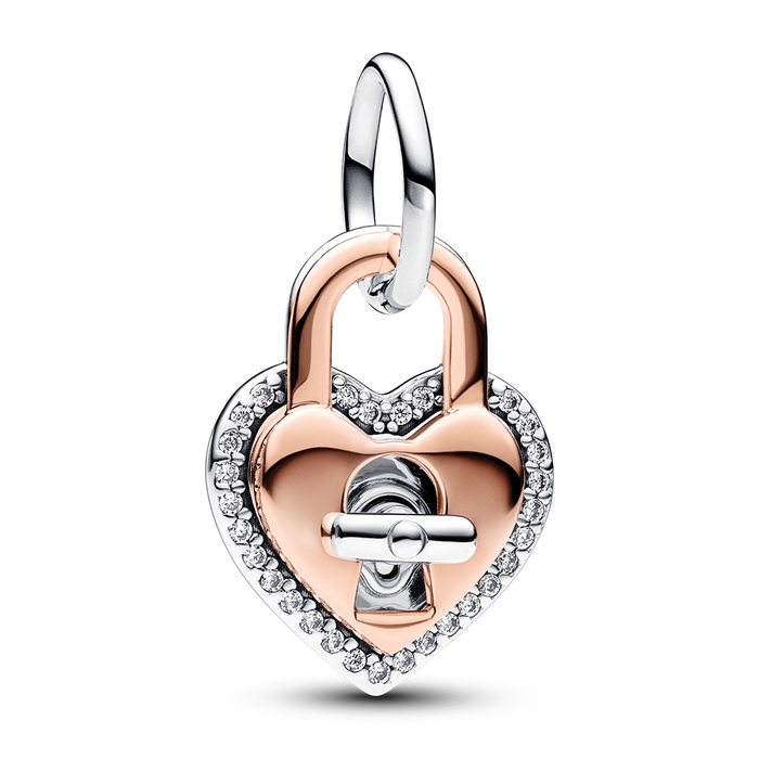 Padlock heart sterling silver and 14k rose gold-plated dangle with clear cubic zirconia