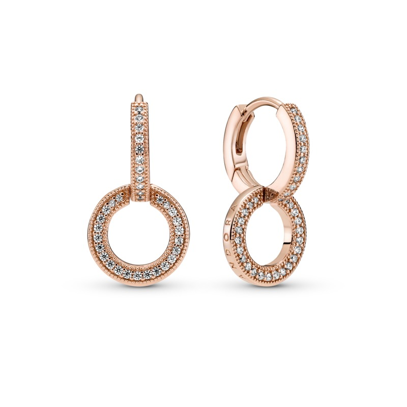 Pandora Rose Logo Interlocking Hoops Earrings w Clear CZ